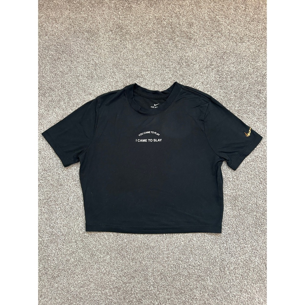 Nike Crop Top Women Medium Black Excellent I Came To Slay Leopard Swoosh Tee